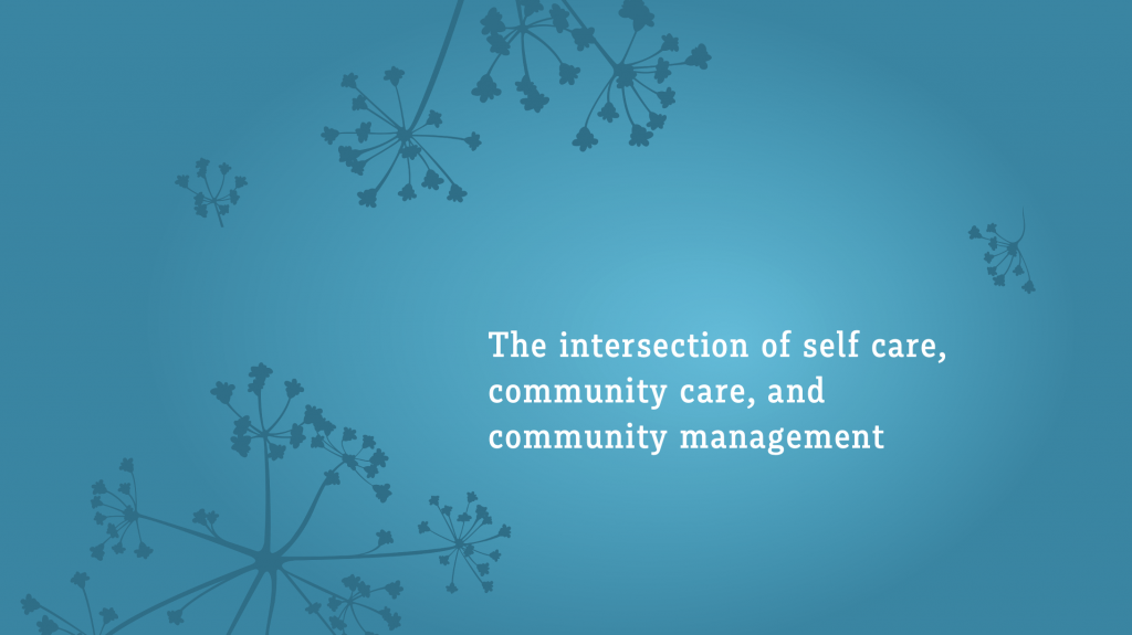 A blue, CSCCE-branded, graphic card with the text "The intersection of self care, community care, and community management" in white text.